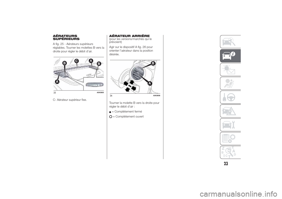 Alfa Romeo Giulietta 2014  Manuel du propriétaire (in French) AÉRATEURS
SUPÉRIEURS
A fig. 25 - Aérateurs supérieurs
réglables. Tourner les molettes B vers la
droite pour régler le débit dair.
C- Aérateur supérieur fixe.AÉRATEUR ARRIÈRE
(pour les vers