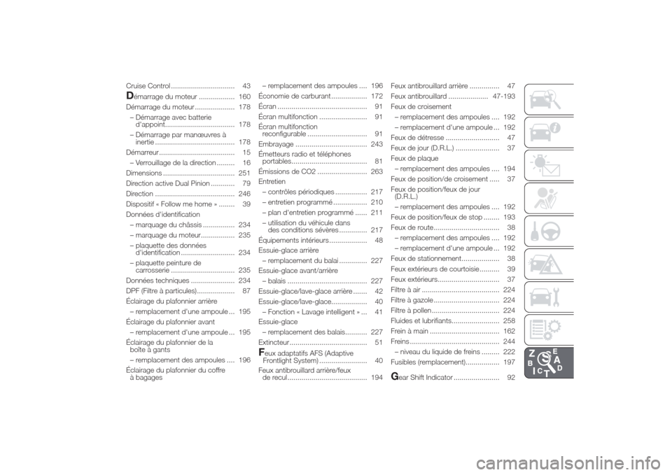 Alfa Romeo Giulietta 2014  Manuel du propriétaire (in French) Cruise Control ................................ 43Démarrage du moteur .................. 160
Démarrage du moteur .................... 178
– Démarrage avec batterie
dappoint......................