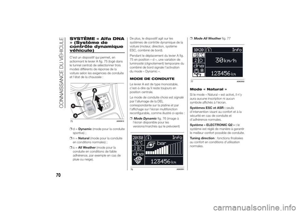 Alfa Romeo Giulietta 2014  Manuel du propriétaire (in French) SYSTÈME « Alfa DNA
» (Système de
contrôle dynamique
véhicule)Cest un dispositif qui permet, en
actionnant le levier A fig. 75 (logé dans
le tunnel central) de sélectionner trois
modes différ