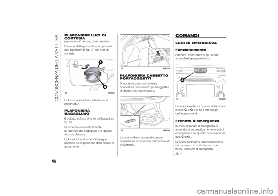 Alfa Romeo Giulietta 2014 Manuale del proprietario (in Italian) PLAFONIERE LUCI DI
CORTESIA
(per versioni/mercati, dove previsto)
Dietro le alette parasole sono presenti
due plafoniere B fig. 37 con luce di
cortesia.
Le luci si accendono sollevando la
copertura A. Alfa Romeo Giulietta 2014 Manuale del proprietario (in Italian) PLAFONIERE LUCI DI
CORTESIA
(per versioni/mercati, dove previsto)
Dietro le alette parasole sono presenti
due plafoniere B fig. 37 con luce di
cortesia.
Le luci si accendono sollevando la
copertura A.