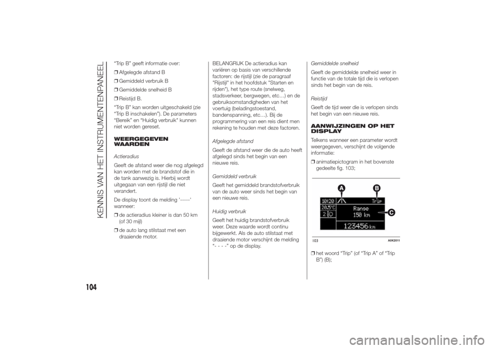 Alfa Romeo Giulietta 2014  Handleiding (in Dutch) “Trip B” geeft informatie over:
❒Afgelegde afstand B
❒Gemiddeld verbruik B
❒Gemiddelde snelheid B
❒Reistijd B.
“Trip B” kan worden uitgeschakeld (zie
“Trip B inschakelen”). De para