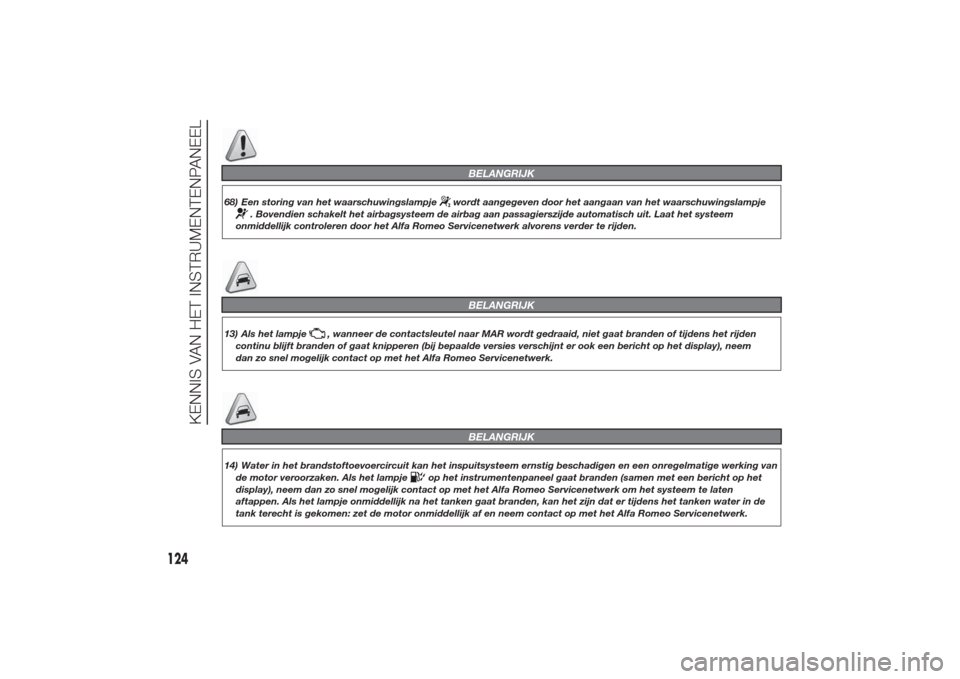 Alfa Romeo Giulietta 2014  Handleiding (in Dutch) BELANGRIJK
68) Een storing van het waarschuwingslampje
wordt aangegeven door het aangaan van het waarschuwingslampje
. Bovendien schakelt het airbagsysteem de airbag aan passagierszijde automatisch ui
