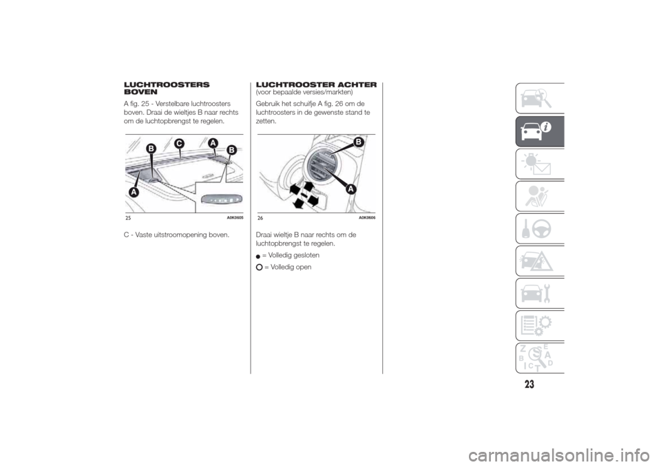 Alfa Romeo Giulietta 2014  Handleiding (in Dutch) LUCHTROOSTERS
BOVEN
A fig. 25 - Verstelbare luchtroosters
boven. Draai de wieltjes B naar rechts
om de luchtopbrengst te regelen.
C - Vaste uitstroomopening boven.LUCHTROOSTER ACHTER
(voor bepaalde ve
