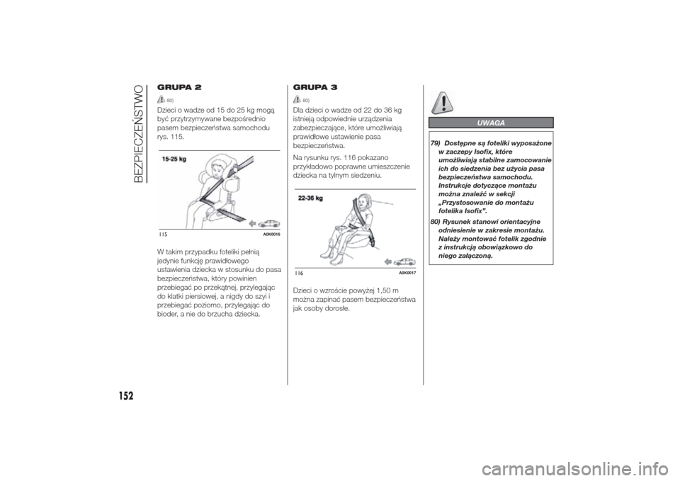 Alfa Romeo Giulietta 2014  Instrukcja Obsługi (in Polish) GRUPA 2
80)
Dzieci o wadze od 15 do 25 kg mogą
być przytrzymywane bezpośrednio
pasem bezpieczeństwa samochodu
rys. 115.
W takim przypadku foteliki pełnią
jedynie funkcję prawidłowego
ustawieni