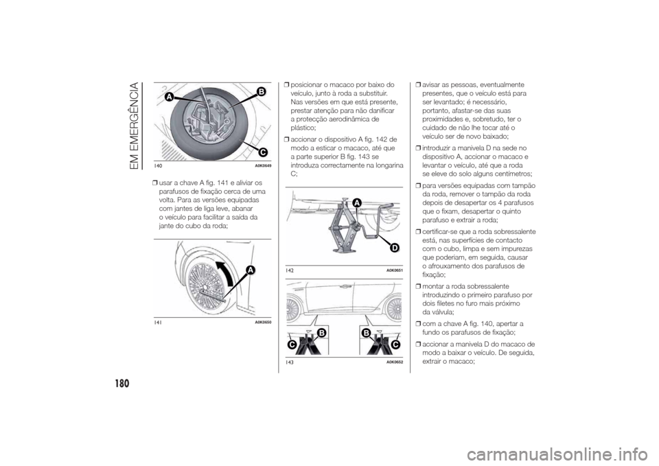 Alfa Romeo Giulietta 2014 Manual do proprietário (in Portuguese) ❒usar a chave A fig. 141 e aliviar os
parafusos de fixação cerca de uma
volta. Para as versões equipadas
com jantes de liga leve, abanar
o veículo para facilitar a saída da
jante do cubo da rod Alfa Romeo Giulietta 2014 Manual do proprietário (in Portuguese) ❒usar a chave A fig. 141 e aliviar os
parafusos de fixação cerca de uma
volta. Para as versões equipadas
com jantes de liga leve, abanar
o veículo para facilitar a saída da
jante do cubo da rod