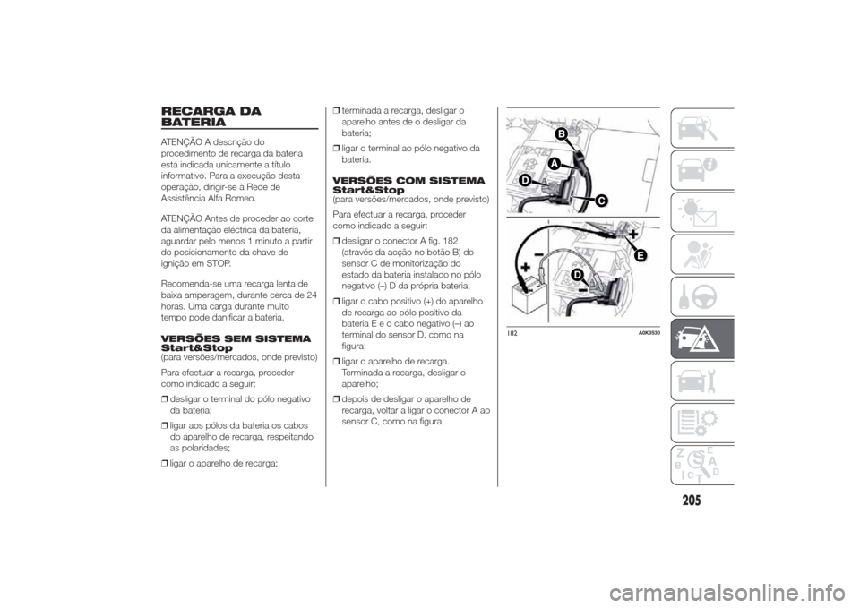 Alfa Romeo Giulietta 2014 Manual do proprietário (in Portuguese) RECARGA DA
BATERIAATENÇÃO A descrição do
procedimento de recarga da bateria
está indicada unicamente a título
informativo. Para a execução desta
operação, dirigir-se à Rede de
Assistência Alfa Romeo Giulietta 2014 Manual do proprietário (in Portuguese) RECARGA DA
BATERIAATENÇÃO A descrição do
procedimento de recarga da bateria
está indicada unicamente a título
informativo. Para a execução desta
operação, dirigir-se à Rede de
Assistência