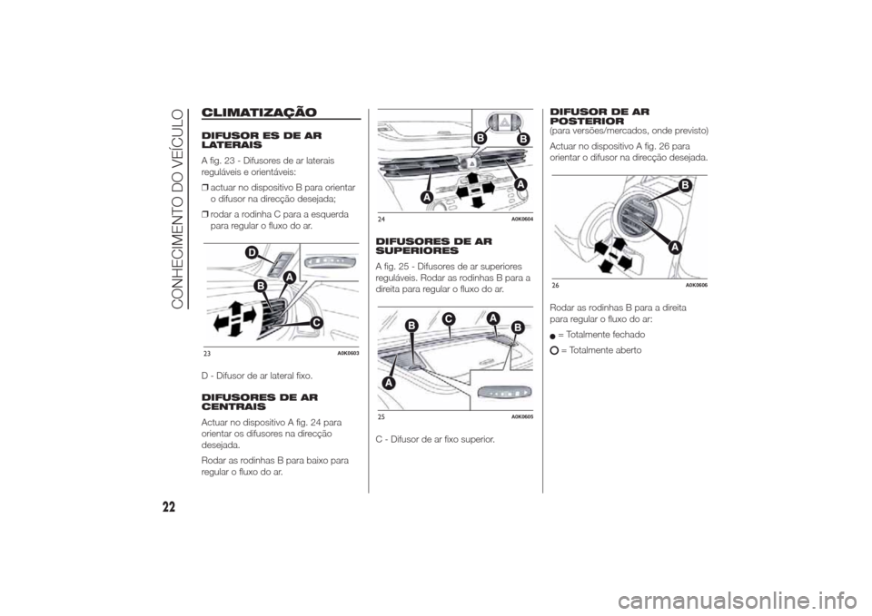 Alfa Romeo Giulietta 2014  Manual do proprietário (in Portuguese) CLIMATIZAÇÃODIFUSOR ES DE AR
LATERAIS
A fig. 23 - Difusores de ar laterais
reguláveis e orientáveis:
❒actuar no dispositivo B para orientar
o difusor na direcção desejada;
❒rodar a rodinha C