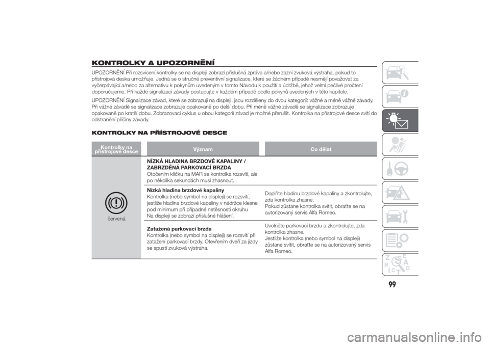 Alfa Romeo Giulietta 2014  Návod k obsluze (in Czech) KONTROLKY A UPOZORNĚNÍUPOZORNĚNÍ Při rozsvícení kontrolky se na displeji zobrazí příslušná zpráva a/nebo zazní zvuková výstraha, pokud to
přístrojová deska umožňuje. Jedná se o s