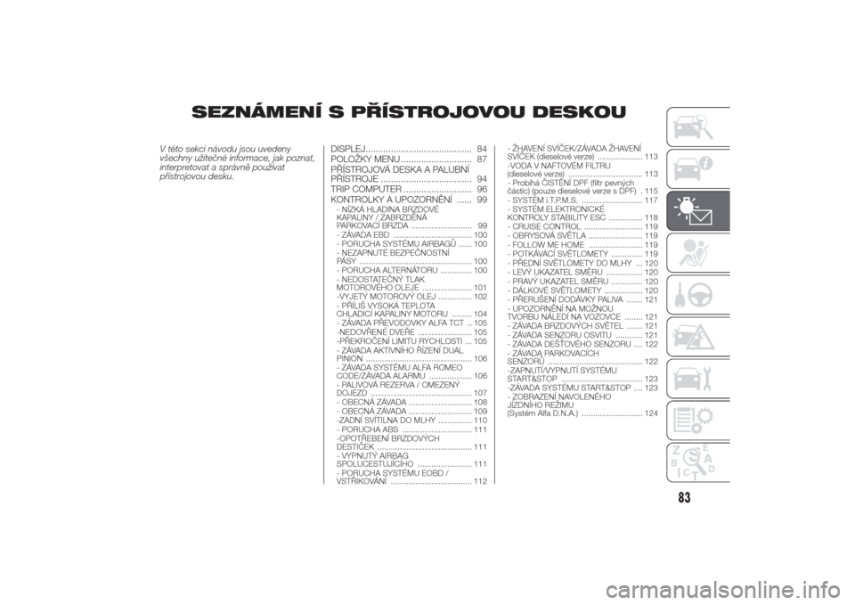 Alfa Romeo Giulietta 2014  Návod k obsluze (in Czech) SEZNÁMENÍ S PŘÍSTROJOVOU DESKOU
V této sekci návodu jsou uvedeny
všechny užitečné informace, jak poznat,
interpretovat a správně používat
přístrojovou desku.DISPLEJ....................