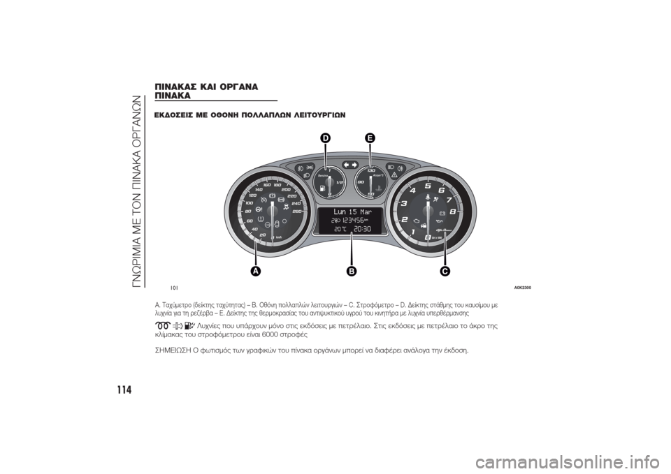 Alfa Romeo Giulietta 2014 Εγχειρίδιο χρήσης (in Greek) A. Ταχύμετρο (δείκτης ταχύτητας) – B. Οθόνη πολλαπλών λειτουργιών – C. Στροφόμετρο – D. Δείκτης στάθμης του καυσ Alfa Romeo Giulietta 2014 Εγχειρίδιο χρήσης (in Greek) A. Ταχύμετρο (δείκτης ταχύτητας) – B. Οθόνη πολλαπλών λειτουργιών – C. Στροφόμετρο – D. Δείκτης στάθμης του καυσ