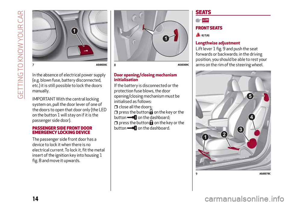 Alfa Romeo MiTo 2017  Owners Manual In the absence of electrical power supply
(e.g. blown fuse, battery disconnected,
etc.) it is still possible to lock the doors
manually.
IMPORTANT With the central locking
system on, pull the door lev