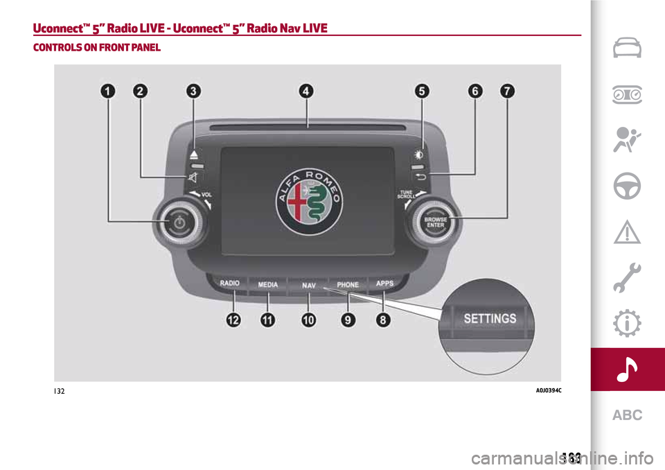 Alfa Romeo MiTo 2017 Owners Manual Uconnect™ 5” Radio LIVE - Uconnect™ 5” Radio Nav LIVE
CONTROLS ON FRONT PANEL
132A0J0394C
183 Alfa Romeo MiTo 2017 Owners Manual Uconnect™ 5” Radio LIVE - Uconnect™ 5” Radio Nav LIVE
CONTROLS ON FRONT PANEL
132A0J0394C
183