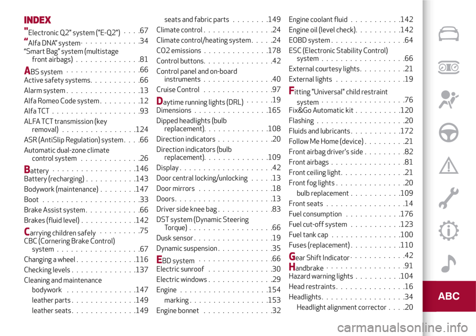 Alfa Romeo MiTo 2017  Owners Manual INDEX
"Electronic Q2" system ("E-Q2")....67
“Alfa DNA” system.............34
“Smart Bag” system (multistage
front airbags)..............81
ABS system................66
Active safety systems...