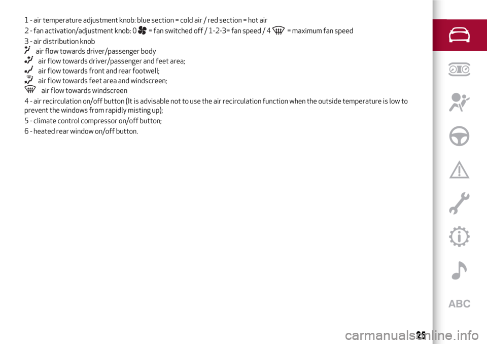 Alfa Romeo MiTo 2017  Owners Manual 1 - air temperature adjustment knob: blue section = cold air / red section = hot air
2 - fan activation/adjustment knob: 0
= fan switched off / 1-2-3= fan speed / 4= maximum fan speed
3 - air distribu