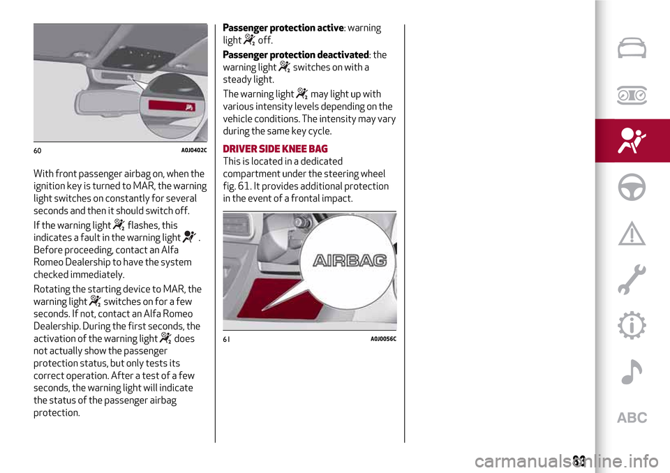 Alfa Romeo MiTo 2017 Manual Online With front passenger airbag on, when the
ignition key is turned to MAR, the warning
light switches on constantly for several
seconds and then it should switch off.
If the warning light
flashes, this
i Alfa Romeo MiTo 2017 Manual Online With front passenger airbag on, when the
ignition key is turned to MAR, the warning
light switches on constantly for several
seconds and then it should switch off.
If the warning light
flashes, this
i