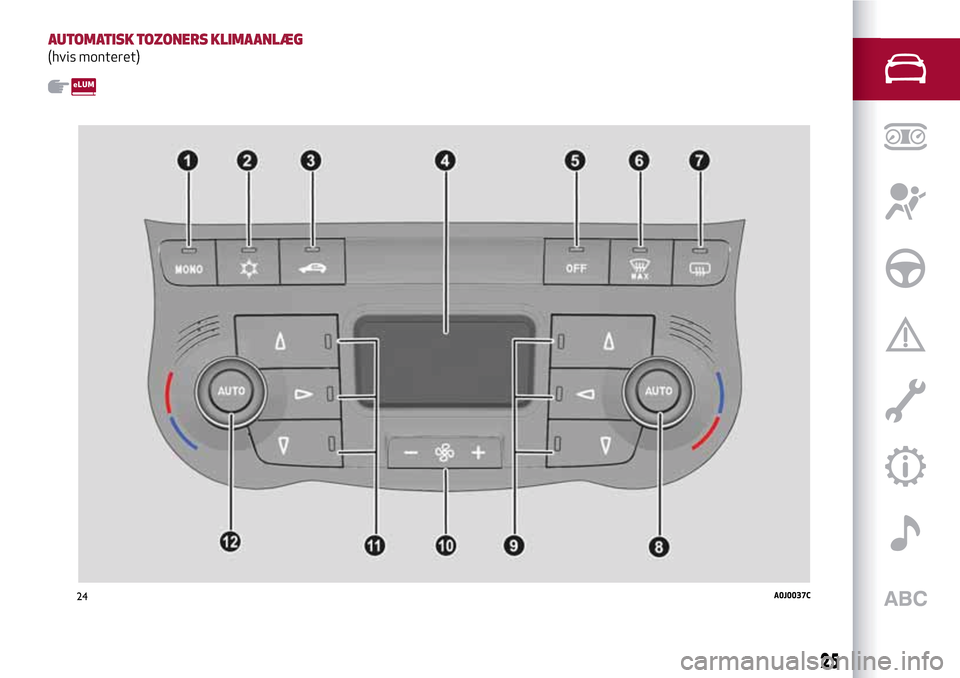 Alfa Romeo MiTo 2017 Instruktionsbog (in Danish) AUTOMATISK TOZONERS KLIMAANLÆG
(hvis monteret)
24A0J0037C
25 Alfa Romeo MiTo 2017 Instruktionsbog (in Danish) AUTOMATISK TOZONERS KLIMAANLÆG
(hvis monteret)
24A0J0037C
25