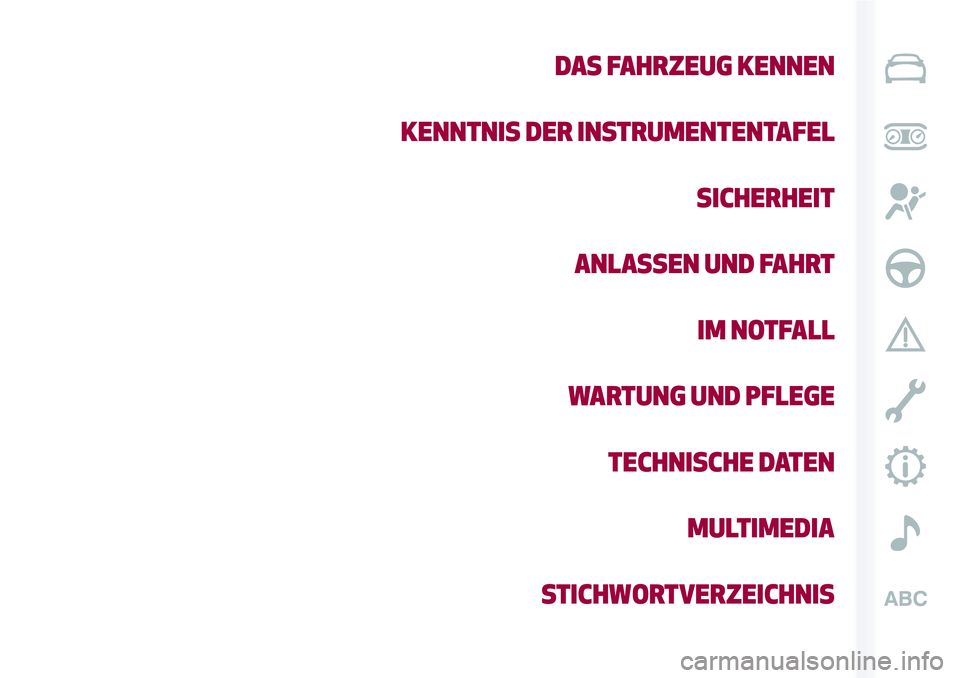 Alfa Romeo MiTo 2017 Betriebsanleitung (in German) DAS FAHRZEUG KENNEN
KENNTNIS DER INSTRUMENTENTAFEL
SICHERHEIT
ANLASSEN UND FAHRT
IM NOTFALL
WARTUNG UND PFLEGE
TECHNISCHE DATEN
MULTIMEDIA
STICHWORTVERZEICHNIS Alfa Romeo MiTo 2017 Betriebsanleitung (in German) DAS FAHRZEUG KENNEN
KENNTNIS DER INSTRUMENTENTAFEL
SICHERHEIT
ANLASSEN UND FAHRT
IM NOTFALL
WARTUNG UND PFLEGE
TECHNISCHE DATEN
MULTIMEDIA
STICHWORTVERZEICHNIS