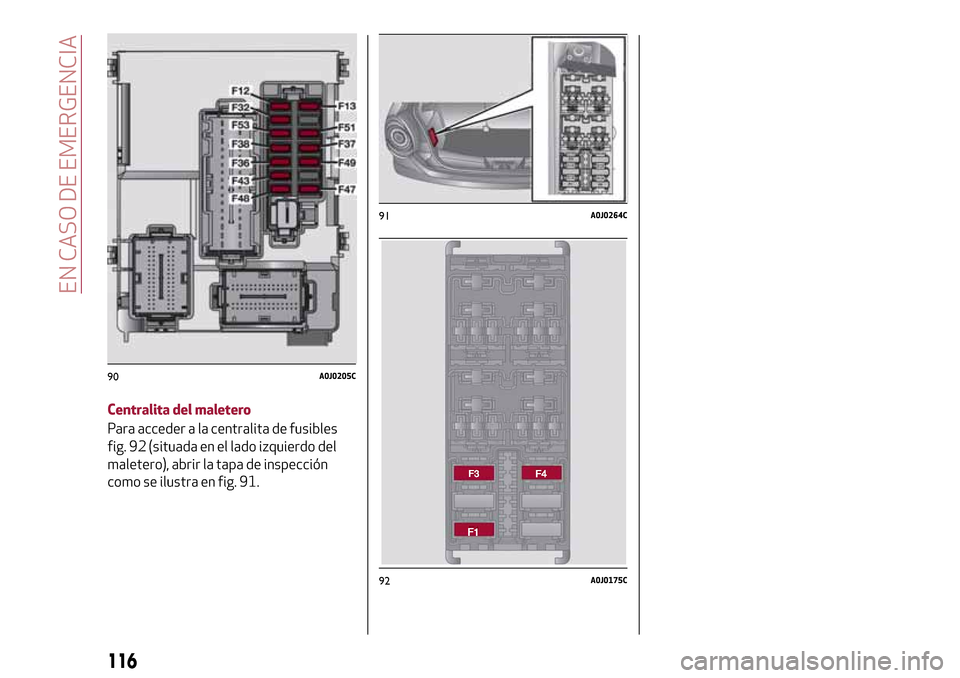 Alfa Romeo MiTo 2017 Manual del propietario (in Spanish) Centralita del maletero
Para acceder a la centralita de fusibles
fig. 92 (situada en el lado izquierdo del
maletero), abrir la tapa de inspección
como se ilustra en fig. 91.
90A0J0205C
91A0J0264C
92A Alfa Romeo MiTo 2017 Manual del propietario (in Spanish) Centralita del maletero
Para acceder a la centralita de fusibles
fig. 92 (situada en el lado izquierdo del
maletero), abrir la tapa de inspección
como se ilustra en fig. 91.
90A0J0205C
91A0J0264C
92A