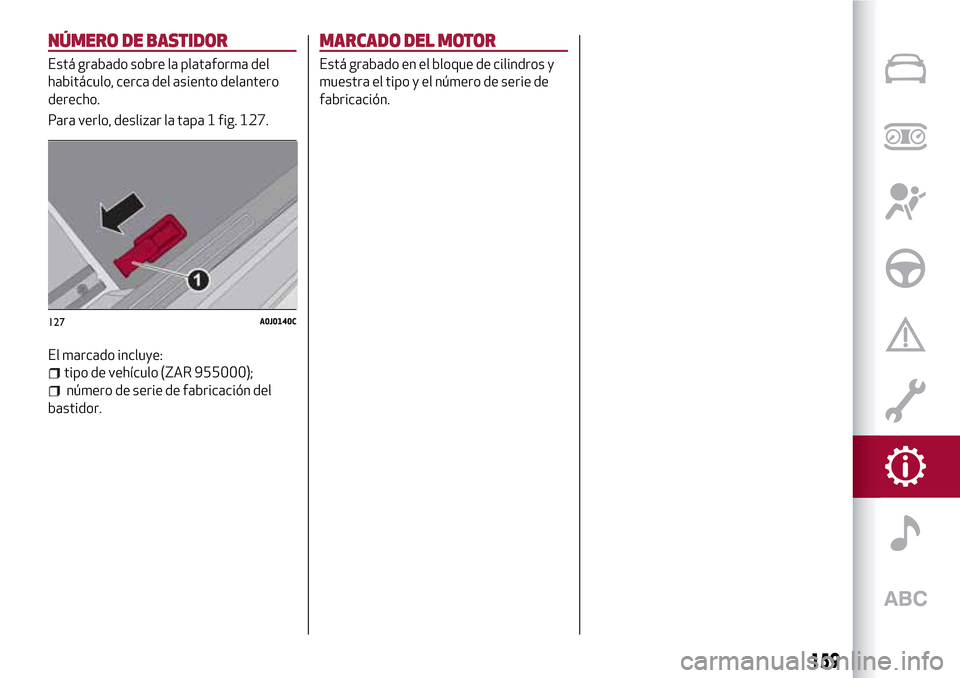Alfa Romeo MiTo 2017  Manual del propietario (in Spanish) NÚMERO DE BASTIDOR
Está grabado sobre la plataforma del
habitáculo, cerca del asiento delantero
derecho.
Para verlo, deslizar la tapa 1 fig. 127.
El marcado incluye:
tipo de vehículo (ZAR 955000);