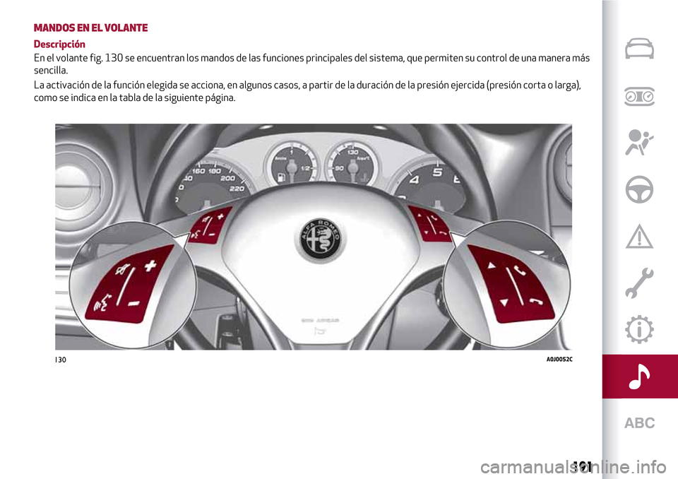Alfa Romeo MiTo 2017 Manual del propietario (in Spanish) MANDOS EN EL VOLANTE
Descripción
En el volante fig. 130 se encuentran los mandos de las funciones principales del sistema, que permiten su control de una manera más
sencilla.
La activación de la fu Alfa Romeo MiTo 2017 Manual del propietario (in Spanish) MANDOS EN EL VOLANTE
Descripción
En el volante fig. 130 se encuentran los mandos de las funciones principales del sistema, que permiten su control de una manera más
sencilla.
La activación de la fu