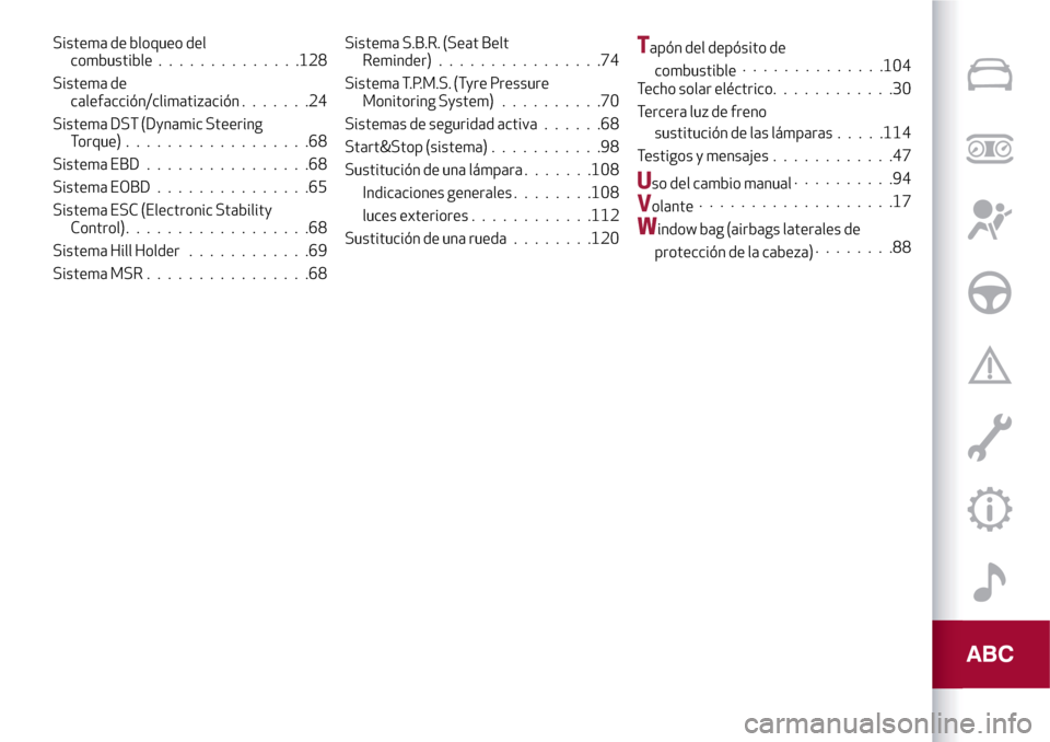 Alfa Romeo MiTo 2017 Manual del propietario (in Spanish) Sistema de bloqueo del
combustible..............128
Sistema de
calefacción/climatización.......24
Sistema DST (Dynamic Steering
Torque)..................68
Sistema EBD................68
Sistema EOBD Alfa Romeo MiTo 2017 Manual del propietario (in Spanish) Sistema de bloqueo del
combustible..............128
Sistema de
calefacción/climatización.......24
Sistema DST (Dynamic Steering
Torque)..................68
Sistema EBD................68
Sistema EOBD