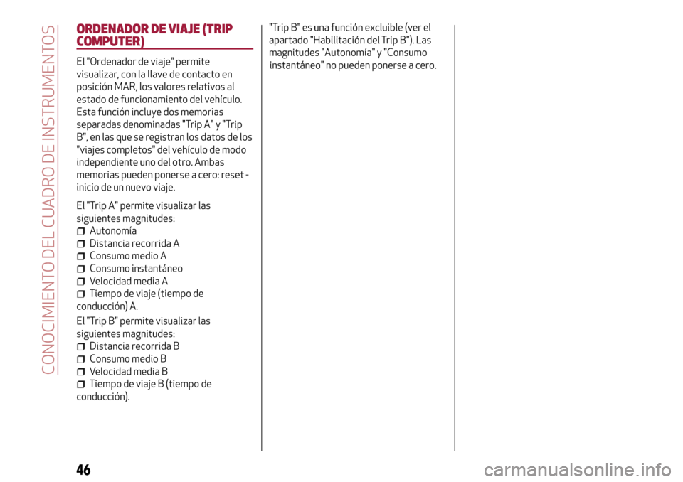 Alfa Romeo MiTo 2017 Manual del propietario (in Spanish) ORDENADOR DE VIAJE (TRIP
COMPUTER)
El "Ordenador de viaje" permite
visualizar, con la llave de contacto en
posición MAR, los valores relativos al
estado de funcionamiento del vehículo.
Esta función Alfa Romeo MiTo 2017 Manual del propietario (in Spanish) ORDENADOR DE VIAJE (TRIP
COMPUTER)
El "Ordenador de viaje" permite
visualizar, con la llave de contacto en
posición MAR, los valores relativos al
estado de funcionamiento del vehículo.
Esta función
