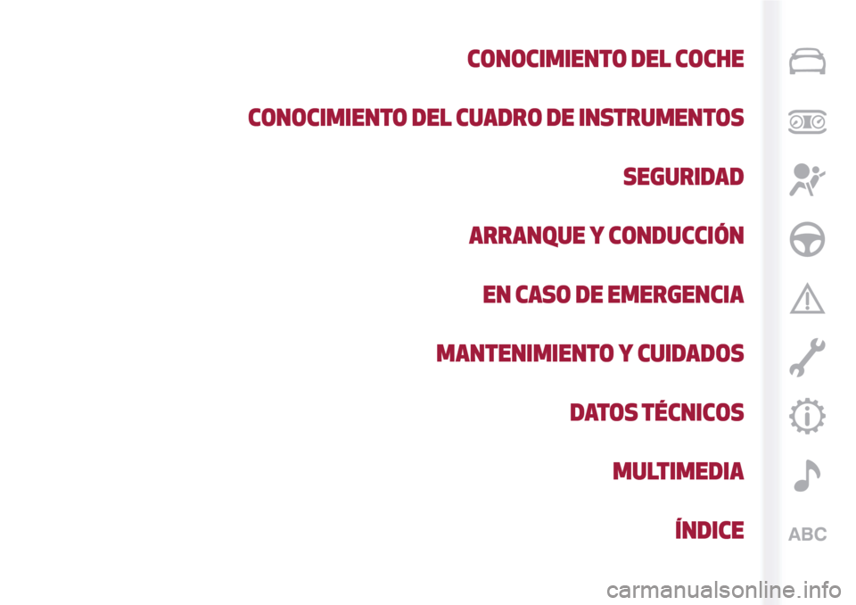 Alfa Romeo MiTo 2017  Manual del propietario (in Spanish) CONOCIMIENTO DEL COCHE
CONOCIMIENTO DEL CUADRO DE INSTRUMENTOS
SEGURIDAD
ARRANQUE Y CONDUCCIÓN
EN CASO DE EMERGENCIA
MANTENIMIENTO Y CUIDADOS
DATOS TÉCNICOS
MULTIMEDIA
ÍNDICE 