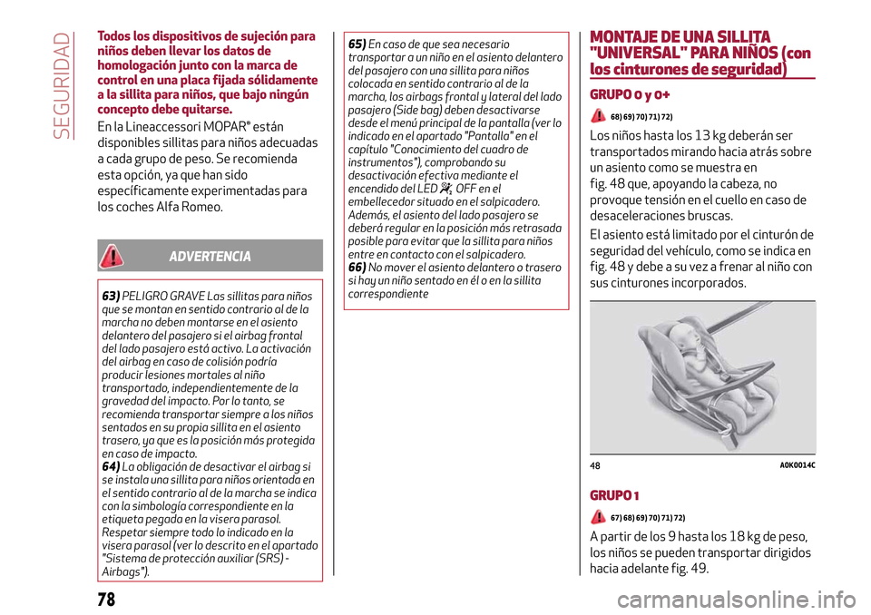 Alfa Romeo MiTo 2017  Manual del propietario (in Spanish) Todos los dispositivos de sujeción para
niños deben llevar los datos de
homologación junto con la marca de
control en una placa fijada sólidamente
a la sillita para niños, que bajo ningún
concep
