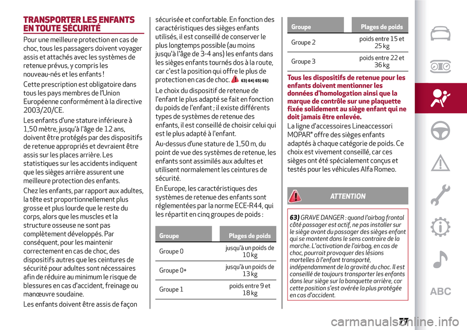 Alfa Romeo MiTo 2017 Manuel du propriétaire (in French) TRANSPORTER LES ENFANTS
EN TOUTE SÉCURITÉ
Pour une meilleure protection en cas de
choc, tous les passagers doivent voyager
assis et attachés avec les systèmes de
retenue prévus, y compris les
nou Alfa Romeo MiTo 2017 Manuel du propriétaire (in French) TRANSPORTER LES ENFANTS
EN TOUTE SÉCURITÉ
Pour une meilleure protection en cas de
choc, tous les passagers doivent voyager
assis et attachés avec les systèmes de
retenue prévus, y compris les
nou