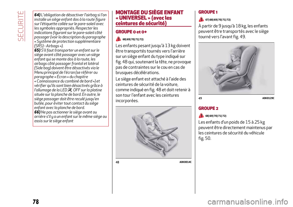 Alfa Romeo MiTo 2017 Manuel du propriétaire (in French) 64)Lobligation de désactiver lairbag si lon
installe un siège enfant dos à la route figure
sur létiquette collée sur le pare-soleil avec
les symboles appropriés. Respecter les
indications fi Alfa Romeo MiTo 2017 Manuel du propriétaire (in French) 64)Lobligation de désactiver lairbag si lon
installe un siège enfant dos à la route figure
sur létiquette collée sur le pare-soleil avec
les symboles appropriés. Respecter les
indications fi