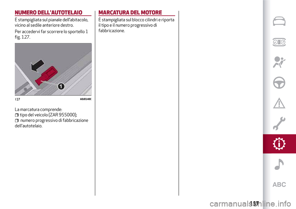 Alfa Romeo MiTo 2017 Manuale del proprietario (in Italian) NUMERO DELLAUTOTELAIO
È stampigliata sul pianale dell’abitacolo,
vicino al sedile anteriore destro.
Per accedervi far scorrere lo sportello 1
fig. 127.
La marcatura comprende:
tipo del veicolo (ZA Alfa Romeo MiTo 2017 Manuale del proprietario (in Italian) NUMERO DELLAUTOTELAIO
È stampigliata sul pianale dell’abitacolo,
vicino al sedile anteriore destro.
Per accedervi far scorrere lo sportello 1
fig. 127.
La marcatura comprende:
tipo del veicolo (ZA