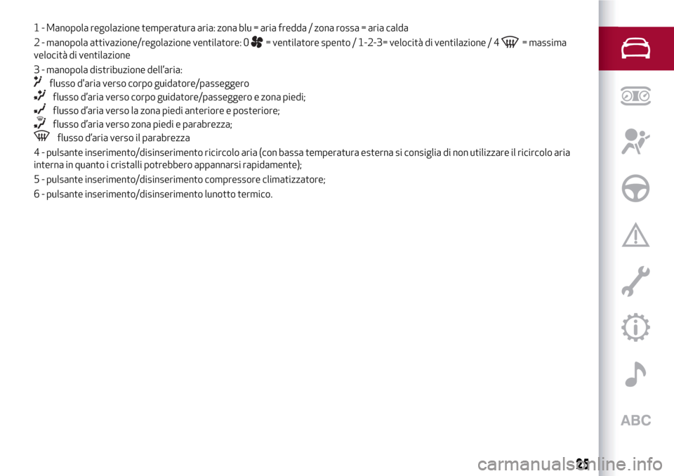 Alfa Romeo MiTo 2017 Manuale del proprietario (in Italian) 1 - Manopola regolazione temperatura aria: zona blu = aria fredda / zona rossa = aria calda
2 - manopola attivazione/regolazione ventilatore: 0
= ventilatore spento / 1-2-3= velocità di ventilazione Alfa Romeo MiTo 2017 Manuale del proprietario (in Italian) 1 - Manopola regolazione temperatura aria: zona blu = aria fredda / zona rossa = aria calda
2 - manopola attivazione/regolazione ventilatore: 0
= ventilatore spento / 1-2-3= velocità di ventilazione