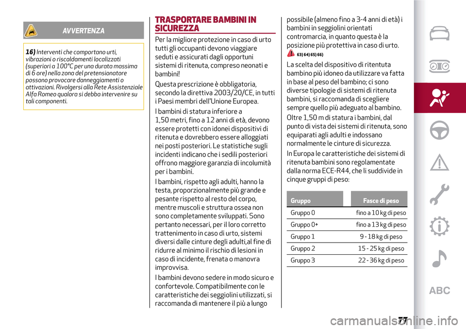 Alfa Romeo MiTo 2017 Manuale del proprietario (in Italian) AVVERTENZA
16)Interventi che comportano urti,
vibrazioni o riscaldamenti localizzati
(superiori a 100°C per una durata massima
di 6 ore) nella zona del pretensionatore
possono provocare danneggiament Alfa Romeo MiTo 2017 Manuale del proprietario (in Italian) AVVERTENZA
16)Interventi che comportano urti,
vibrazioni o riscaldamenti localizzati
(superiori a 100°C per una durata massima
di 6 ore) nella zona del pretensionatore
possono provocare danneggiament
