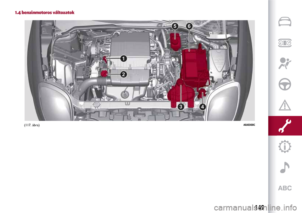 Alfa Romeo MiTo 2017 Kezelési útmutató (in Hungarian) 1.4 benzinmotoros változatok
(117. ábra)A0J0300C
149 Alfa Romeo MiTo 2017 Kezelési útmutató (in Hungarian) 1.4 benzinmotoros változatok
(117. ábra)A0J0300C
149