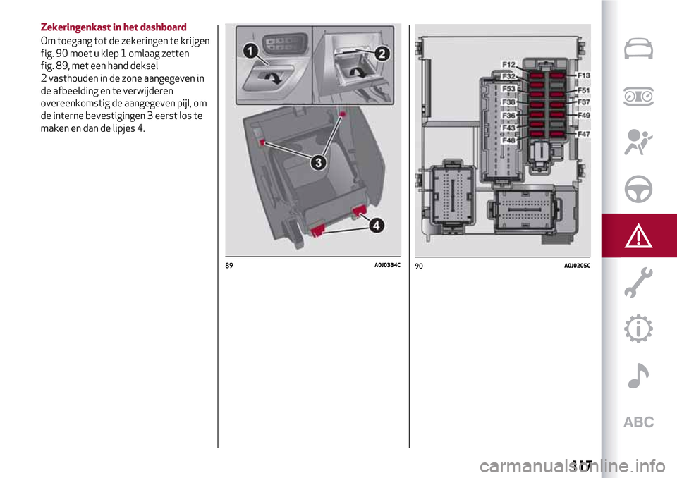 Alfa Romeo MiTo 2017 Handleiding (in Dutch) 89A0J0334C
117
Zekeringenkast in het dashboard
Om toegang tot de zekeringen te krijgen
fig. 90 moet u klep 1 omlaag zetten
fig. 89, met een hand deksel
2 vasthouden in de zone aangegeven in
de afbeeld Alfa Romeo MiTo 2017 Handleiding (in Dutch) 89A0J0334C
117
Zekeringenkast in het dashboard
Om toegang tot de zekeringen te krijgen
fig. 90 moet u klep 1 omlaag zetten
fig. 89, met een hand deksel
2 vasthouden in de zone aangegeven in
de afbeeld