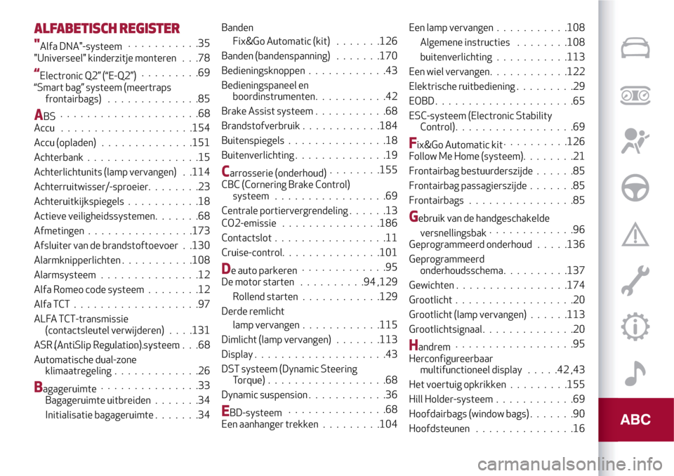 Alfa Romeo MiTo 2017  Handleiding (in Dutch) ALFABETISCH REGISTER
"Alfa DNA"-systeem...........35
"Universeel" kinderzitje monteren . . .78
“Electronic Q2” (“E-Q2”).........69
“Smart bag” systeem (meertraps
frontairbags).............