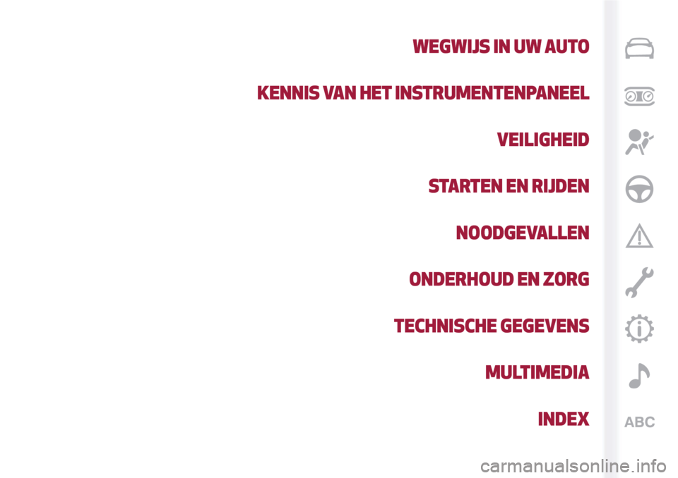 Alfa Romeo MiTo 2017  Handleiding (in Dutch) WEGWIJS IN UW AUTO
KENNIS VAN HET INSTRUMENTENPANEEL
VEILIGHEID
STARTEN EN RIJDEN
NOODGEVALLEN
ONDERHOUD EN ZORG
TECHNISCHE GEGEVENS
MULTIMEDIA
INDEX 