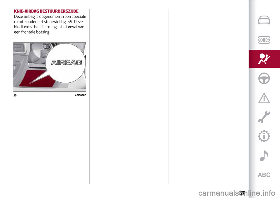 Alfa Romeo MiTo 2017 Handleiding (in Dutch) 59A0J0056C
87
KNIE-AIRBAG BESTUURDERSZIJDE
Deze airbag is opgenomen in een speciale
ruimte onder het stuurwiel fig. 59. Deze
biedt extra bescherming in het geval van
een frontale botsing. Alfa Romeo MiTo 2017 Handleiding (in Dutch) 59A0J0056C
87
KNIE-AIRBAG BESTUURDERSZIJDE
Deze airbag is opgenomen in een speciale
ruimte onder het stuurwiel fig. 59. Deze
biedt extra bescherming in het geval van
een frontale botsing.