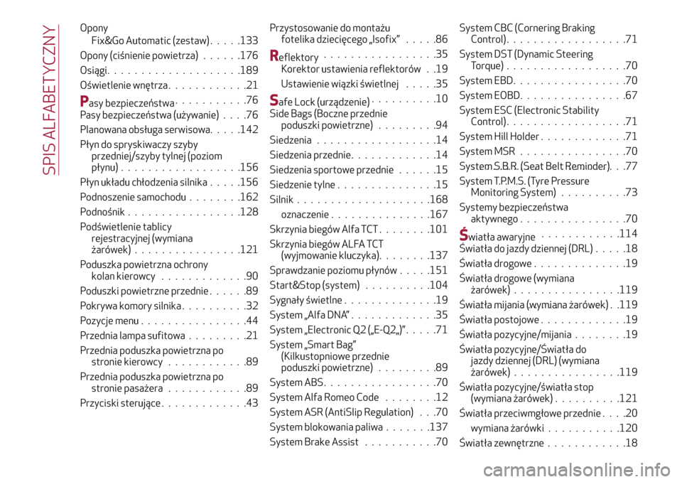 Alfa Romeo MiTo 2017  Instrukcja Obsługi (in Polish) Opony
Fix&Go Automatic (zestaw).....133
Opony (ciśnienie powietrza)......176
Osiągi....................189
Oświetlenie wnętrza............21
Pasy bezpieczeństwa...........76
Pasy bezpieczeństwa 