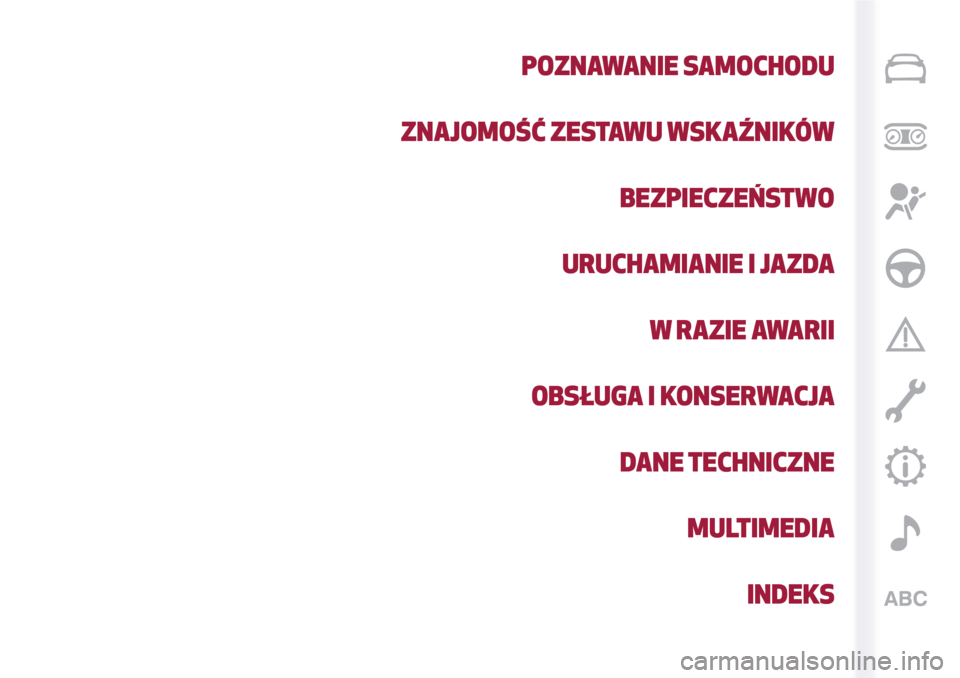 Alfa Romeo MiTo 2017 Instrukcja Obsługi (in Polish) POZNAWANIE SAMOCHODU
ZNAJOMOŚĆ ZESTAWU WSKAŹNIKÓW
BEZPIECZEŃSTWO
URUCHAMIANIE I JAZDA
W RAZIE AWARII
OBSŁUGA I KONSERWACJA
DANE TECHNICZNE
MULTIMEDIA
INDEKS Alfa Romeo MiTo 2017 Instrukcja Obsługi (in Polish) POZNAWANIE SAMOCHODU
ZNAJOMOŚĆ ZESTAWU WSKAŹNIKÓW
BEZPIECZEŃSTWO
URUCHAMIANIE I JAZDA
W RAZIE AWARII
OBSŁUGA I KONSERWACJA
DANE TECHNICZNE
MULTIMEDIA
INDEKS
