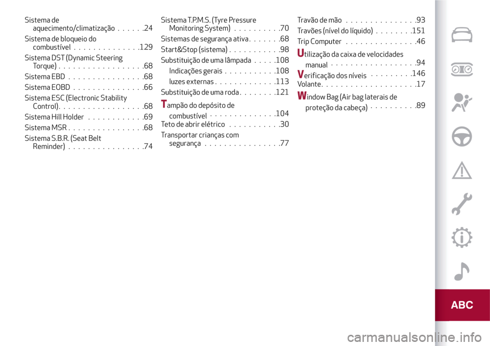 Alfa Romeo MiTo 2017 Manual do proprietário (in Portuguese) Sistema de
aquecimento/climatização......24
Sistema de bloqueio do
combustível..............129
Sistema DST (Dynamic Steering
Torque)..................68
Sistema EBD................68
Sistema EOBD. Alfa Romeo MiTo 2017 Manual do proprietário (in Portuguese) Sistema de
aquecimento/climatização......24
Sistema de bloqueio do
combustível..............129
Sistema DST (Dynamic Steering
Torque)..................68
Sistema EBD................68
Sistema EOBD.