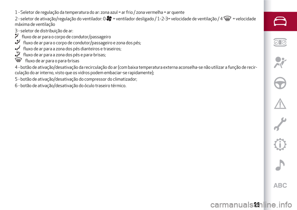 Alfa Romeo MiTo 2017  Manual do proprietário (in Portuguese) 1 - Seletor de regulação da temperatura do ar: zona azul = ar frio / zona vermelha = ar quente
2 - seletor de ativação/regulação do ventilador: 0
= ventilador desligado / 1-2-3= velocidade de ve