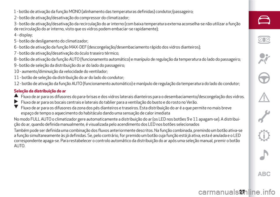 Alfa Romeo MiTo 2017  Manual do proprietário (in Portuguese) 2 - botão de ativação/desativação do compressor do climatizador;
3 - botão de ativação/desativação da recirculação do ar interno (com baixa temperatura externa aconselha-se não utilizar a