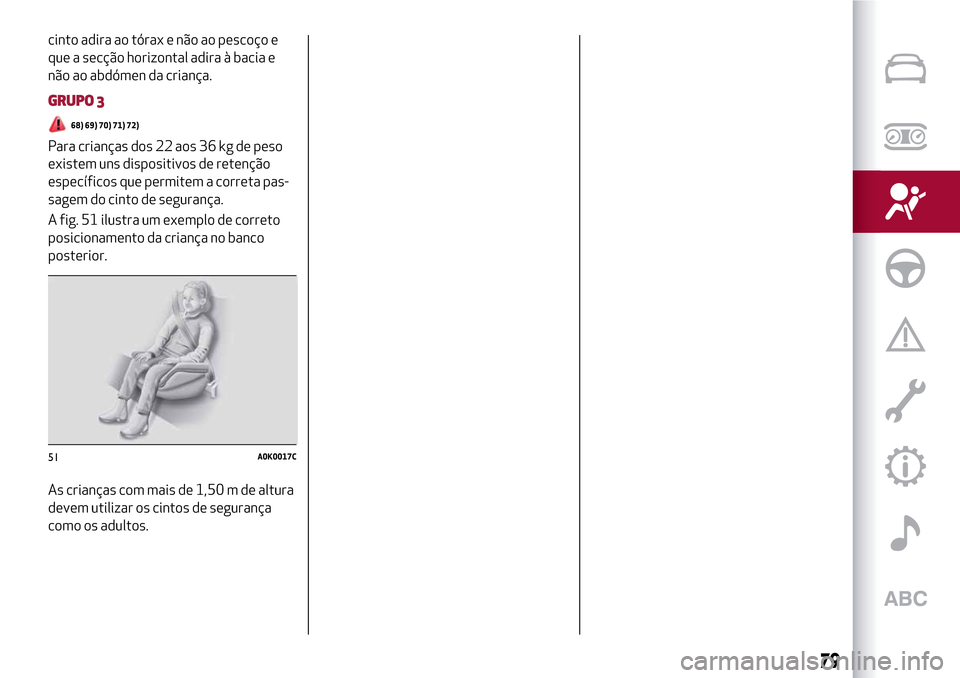 Alfa Romeo MiTo 2017  Manual do proprietário (in Portuguese) cinto adira ao tórax e não ao pescoço e
que a secção horizontal adira à bacia e
não ao abdómen da criança.
GRUPO 3
68) 69) 70) 71) 72)
Para crianças dos 22 aos 36 kg de peso
existem uns disp