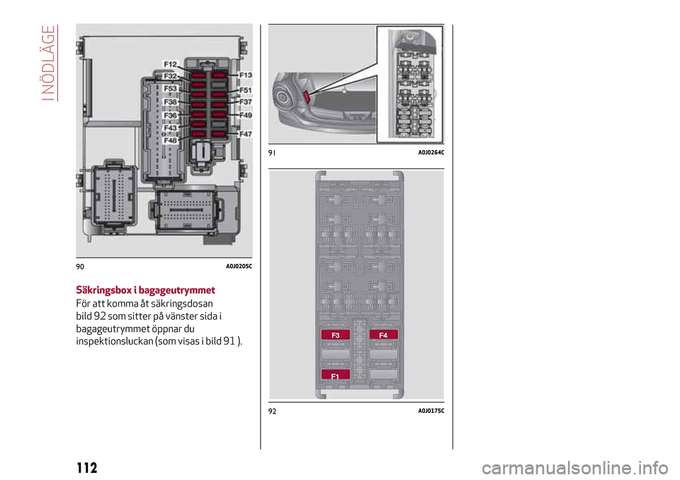 Alfa Romeo MiTo 2017 Ägarmanual (in Swedish) Säkringsbox i bagageutrymmet
För att komma åt säkringsdosan
bild 92 som sitter på vänster sida i
bagageutrymmet öppnar du
inspektionsluckan (som visas i bild 91 ).
90A0J0205C
91A0J0264C
92A0J01 Alfa Romeo MiTo 2017 Ägarmanual (in Swedish) Säkringsbox i bagageutrymmet
För att komma åt säkringsdosan
bild 92 som sitter på vänster sida i
bagageutrymmet öppnar du
inspektionsluckan (som visas i bild 91 ).
90A0J0205C
91A0J0264C
92A0J01