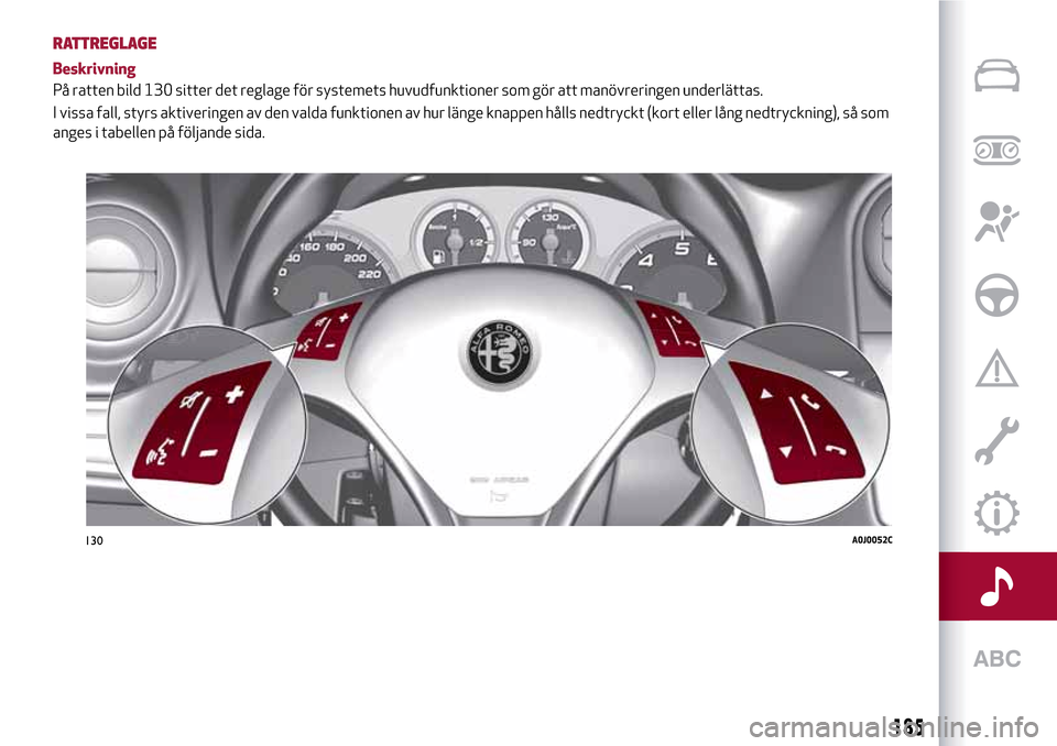 Alfa Romeo MiTo 2017 Ägarmanual (in Swedish) RATTREGLAGE
Beskrivning
På ratten bild 130 sitter det reglage för systemets huvudfunktioner som gör att manövreringen underlättas.
I vissa fall, styrs aktiveringen av den valda funktionen av hur Alfa Romeo MiTo 2017 Ägarmanual (in Swedish) RATTREGLAGE
Beskrivning
På ratten bild 130 sitter det reglage för systemets huvudfunktioner som gör att manövreringen underlättas.
I vissa fall, styrs aktiveringen av den valda funktionen av hur
