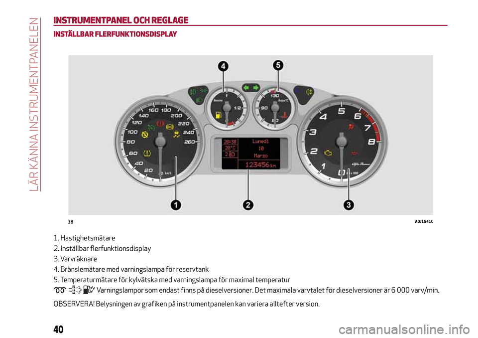 Alfa Romeo MiTo 2017 Ägarmanual (in Swedish) INSTRUMENTPANEL OCH REGLAGE
INSTÄLLBAR FLERFUNKTIONSDISPLAY
1. Hastighetsmätare
2. Inställbar flerfunktionsdisplay
3. Varvräknare
4. Bränslemätare med varningslampa för reservtank
5. Temperatur Alfa Romeo MiTo 2017 Ägarmanual (in Swedish) INSTRUMENTPANEL OCH REGLAGE
INSTÄLLBAR FLERFUNKTIONSDISPLAY
1. Hastighetsmätare
2. Inställbar flerfunktionsdisplay
3. Varvräknare
4. Bränslemätare med varningslampa för reservtank
5. Temperatur