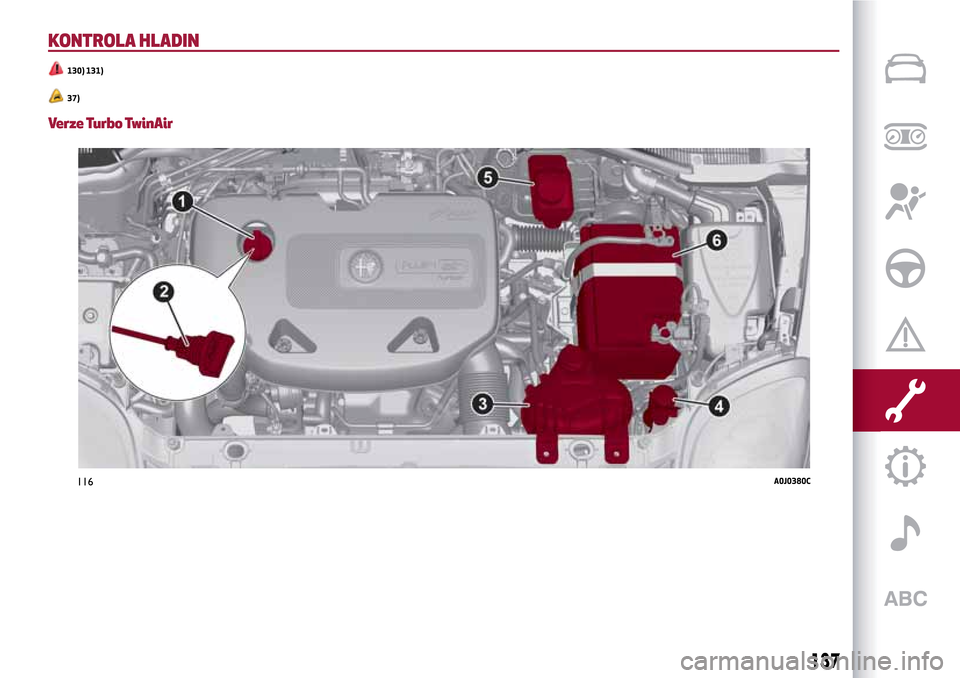 Alfa Romeo MiTo 2017  Návod k obsluze (in Czech) KONTROLA HLADIN
130) 131)
37)
Verze Turbo TwinAir
116A0J0380C
137 