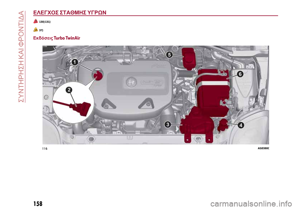 Alfa Romeo MiTo 2017 Εγχειρίδιο χρήσης (in Greek) ΕΛΕΓΧΟΣ ΣΤΑΘΜΗΣ ΥΓΡΩΝ
130) 131)
37)
ΕκδόσειςTurbo TwinAir
116A0J0380C
158
ΣΥΝΤΗΡΗΣΗ ΚΑΙ ΦΡΟΝΤΙΔΑ Alfa Romeo MiTo 2017 Εγχειρίδιο χρήσης (in Greek) ΕΛΕΓΧΟΣ ΣΤΑΘΜΗΣ ΥΓΡΩΝ
130) 131)
37)
ΕκδόσειςTurbo TwinAir
116A0J0380C
158
ΣΥΝΤΗΡΗΣΗ ΚΑΙ ΦΡΟΝΤΙΔΑ