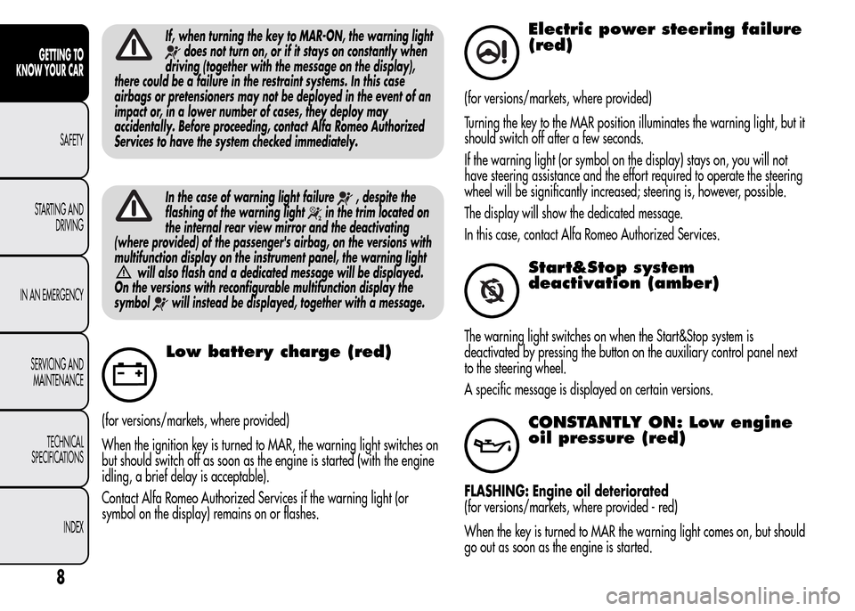 Alfa Romeo MiTo 2016 Owners Manual If, when turning the key to MAR-ON, the warning light
does not turn on, or if it stays on constantly when
driving (together with the message on the display),
there could be a failure in the restraint Alfa Romeo MiTo 2016 Owners Manual If, when turning the key to MAR-ON, the warning light
does not turn on, or if it stays on constantly when
driving (together with the message on the display),
there could be a failure in the restraint